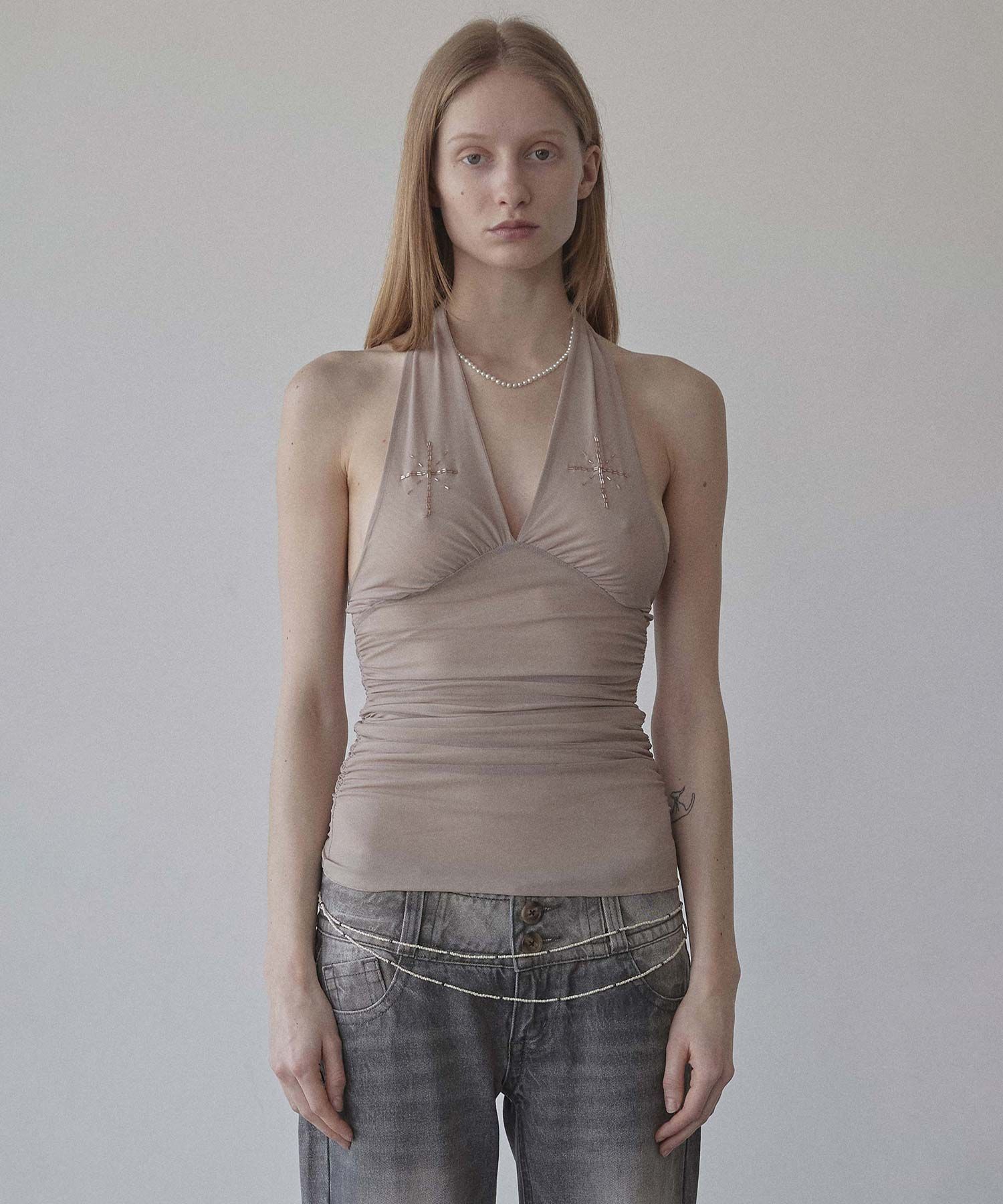 Tシャツ・カットソー [SCULPTOR] Beaded Mesh Halter Top Skin SC24A214BE Beaded Mesh Halter Top Skin – Sculptor