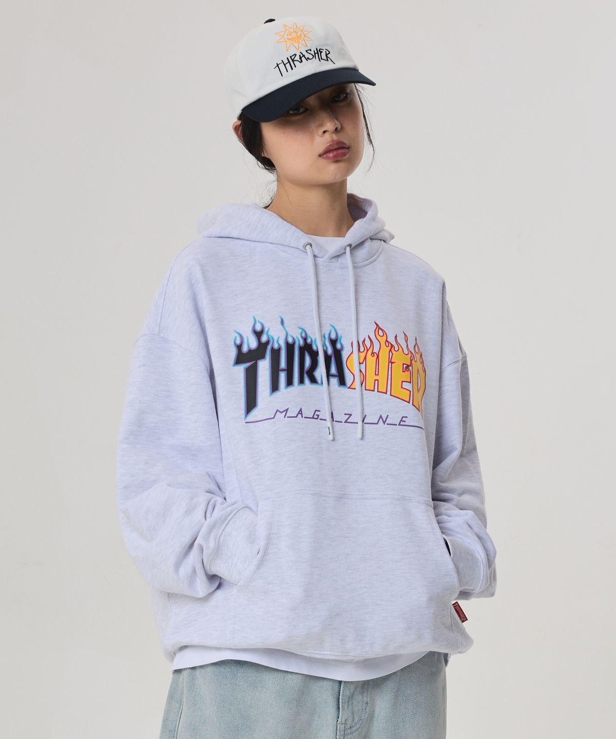 트레셔(THRASHER) 투톤 플레임 후디 화이트 멜란지