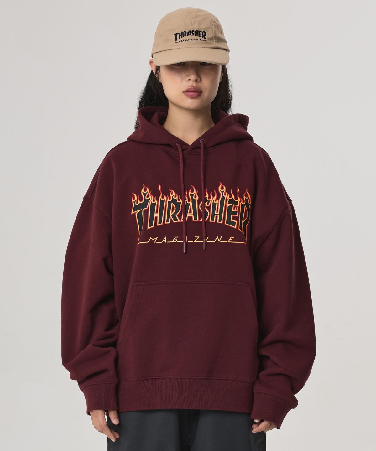 트레셔(THRASHER) 플레임 로고 후디 버건디