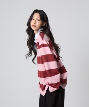 스트라이프 럭비 카라 셔츠 핑크