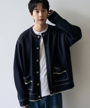 [오정규X알리스] 테슬 라인 스티치 니트 라운드 자켓 [딥네이비]