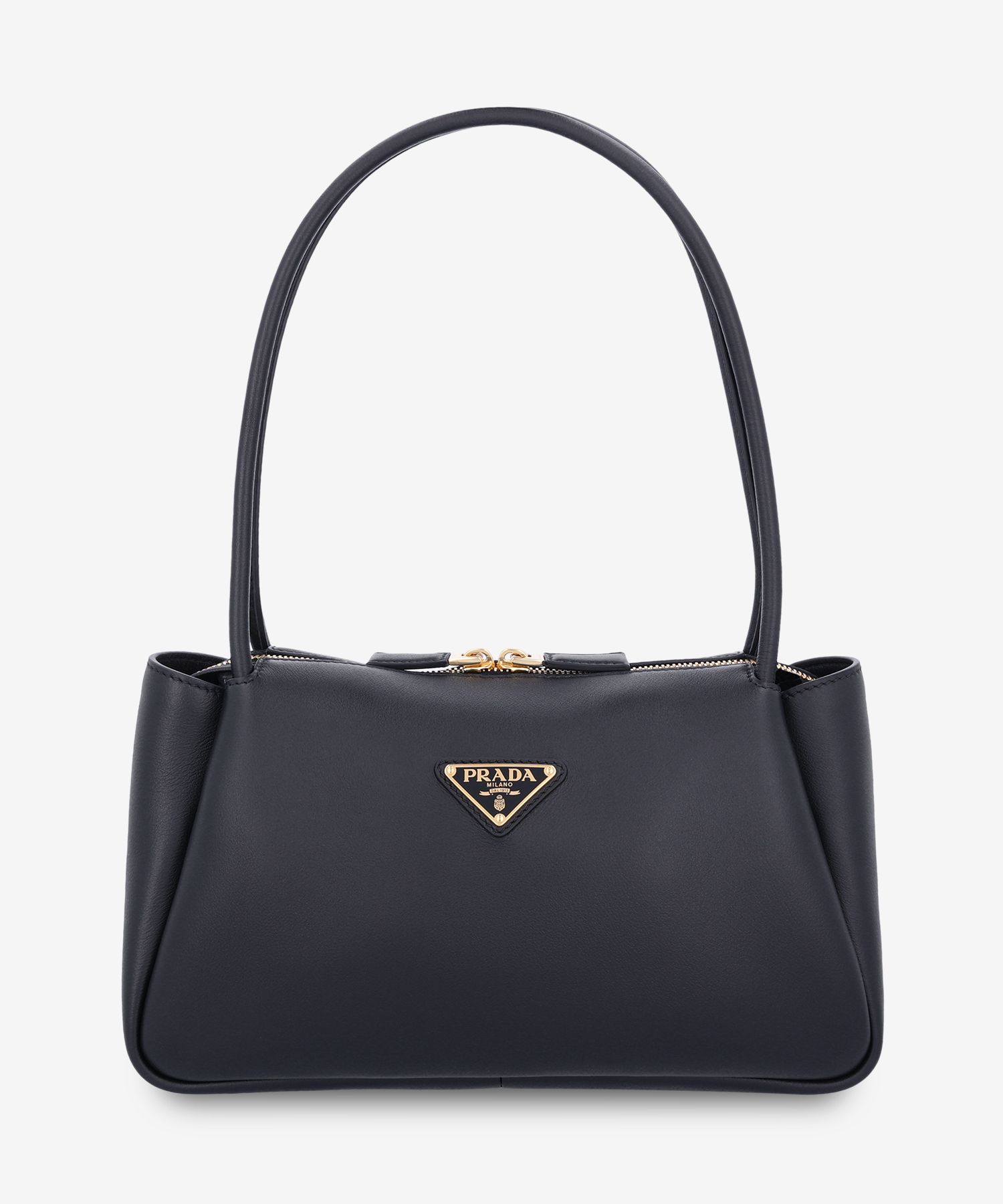 MUSINSA | PRADA Medium Gold Triangle Logo Leather Tote Bag - Black 