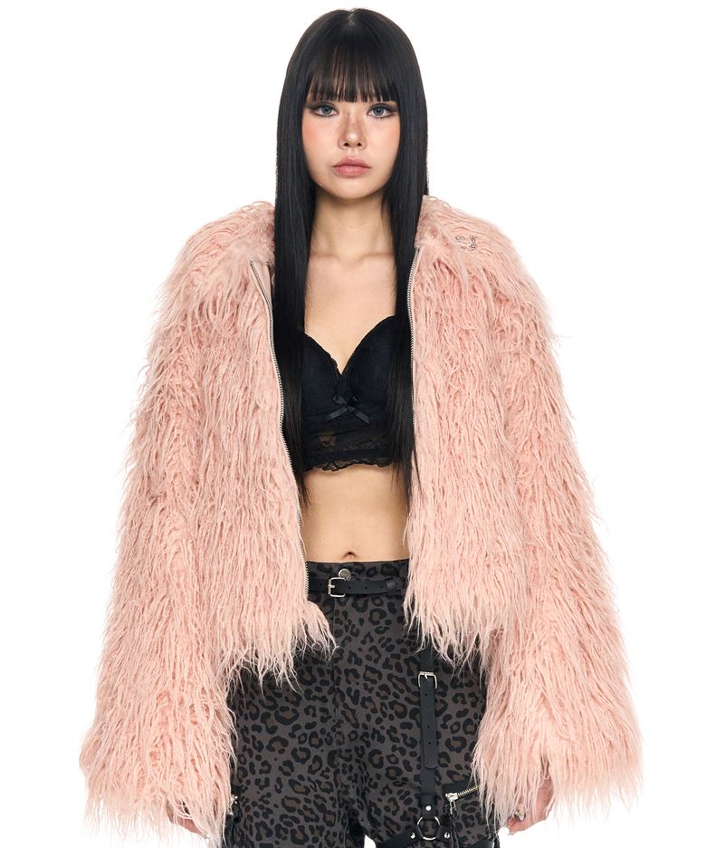 CROPPED SPIKY FAUX FUR JACKET PINK