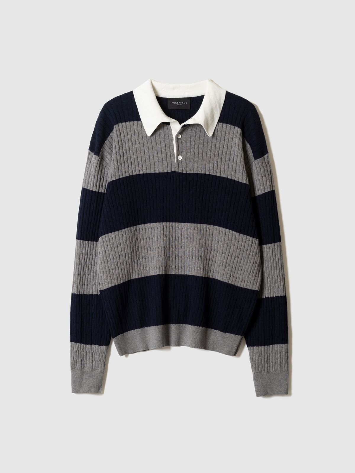 포커페이스(POKERFACE) CABLE RUGBY KNIT GREY/NAVY