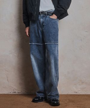 2 Tone Cut Out Wide Denim - BLUE