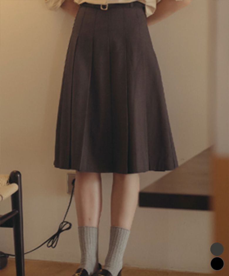 Belt set pleats midi skirt_2color