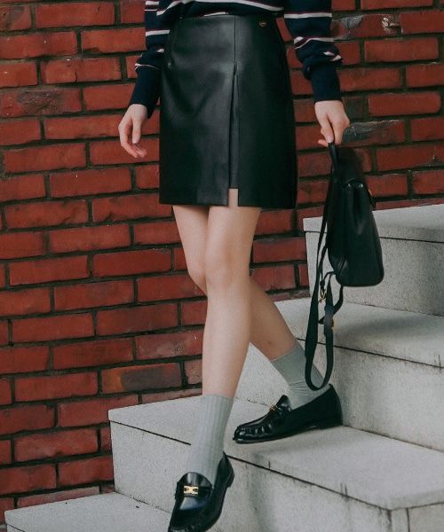 MUSINSA | TILL I DIE Slit stitch point leather skirt_Black