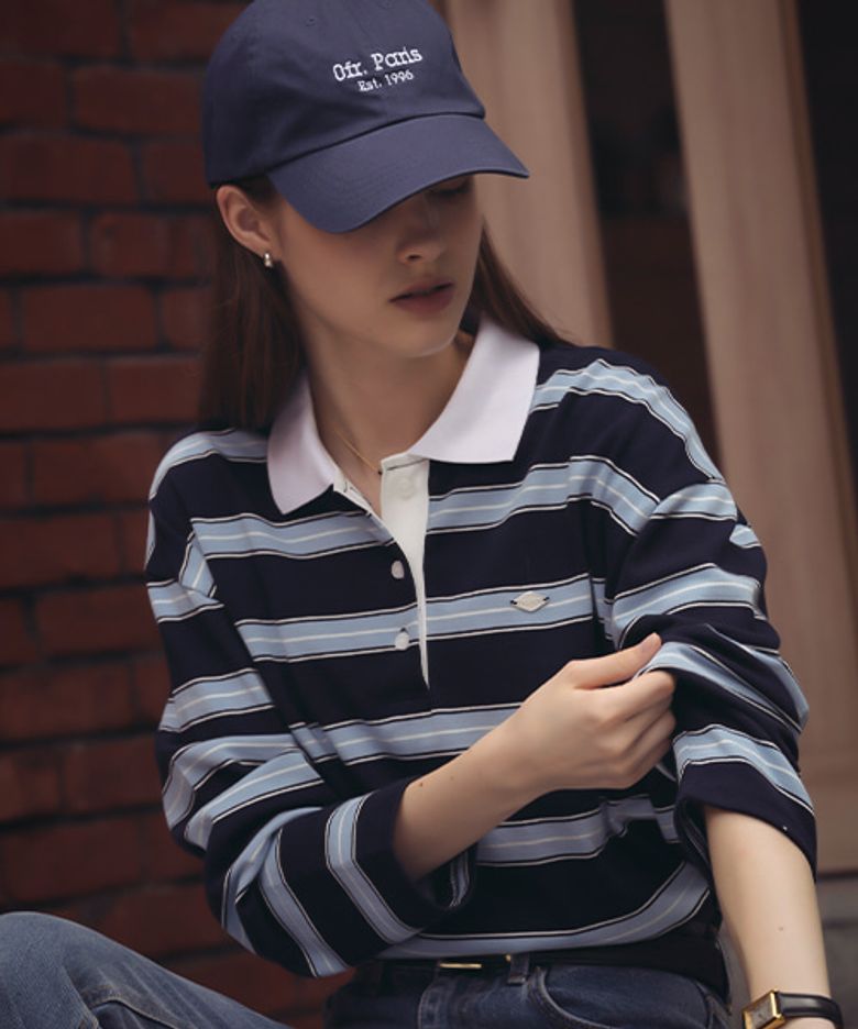Cotton stripe base collar polo t-shirt_Navy