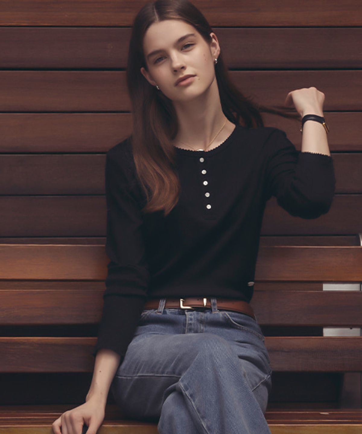 틸아이다이(TILL I DIE) Picot edge henry neck ribbed t-shirt_Black