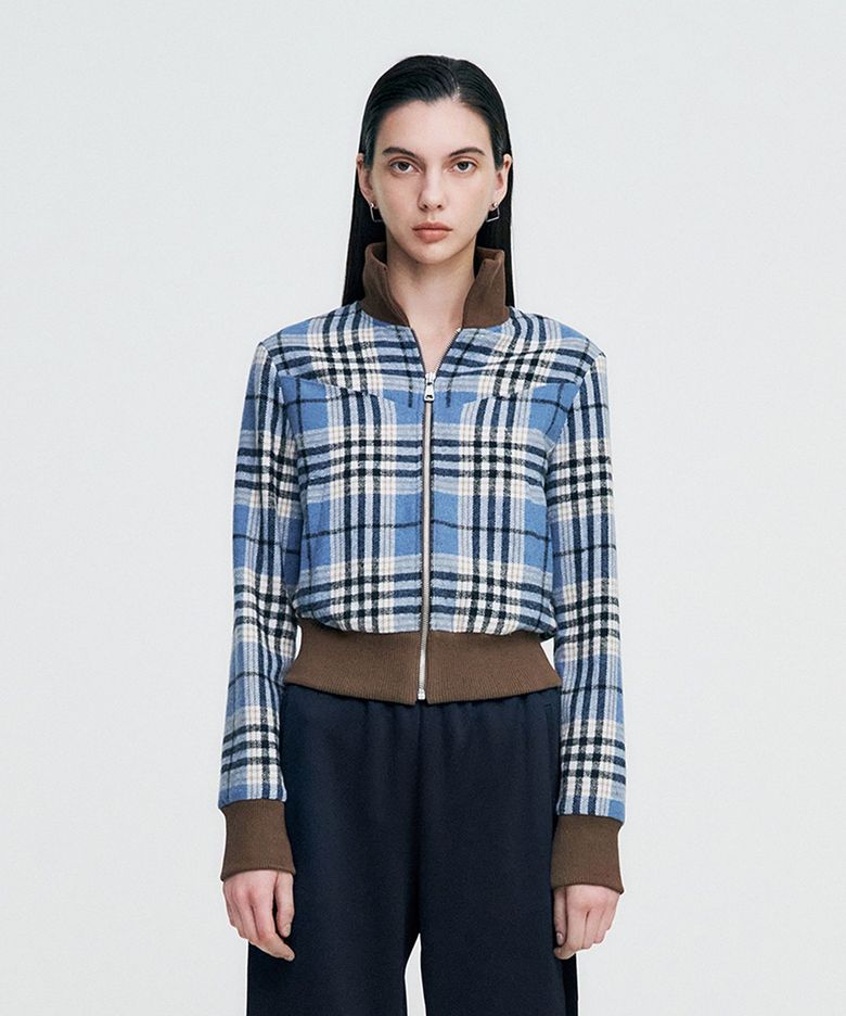 Plaid Check Flannel Zip-Up Jacket _ SKY BLUE