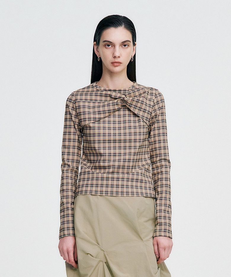 Twisted Check High-neck Top _ BEIGE