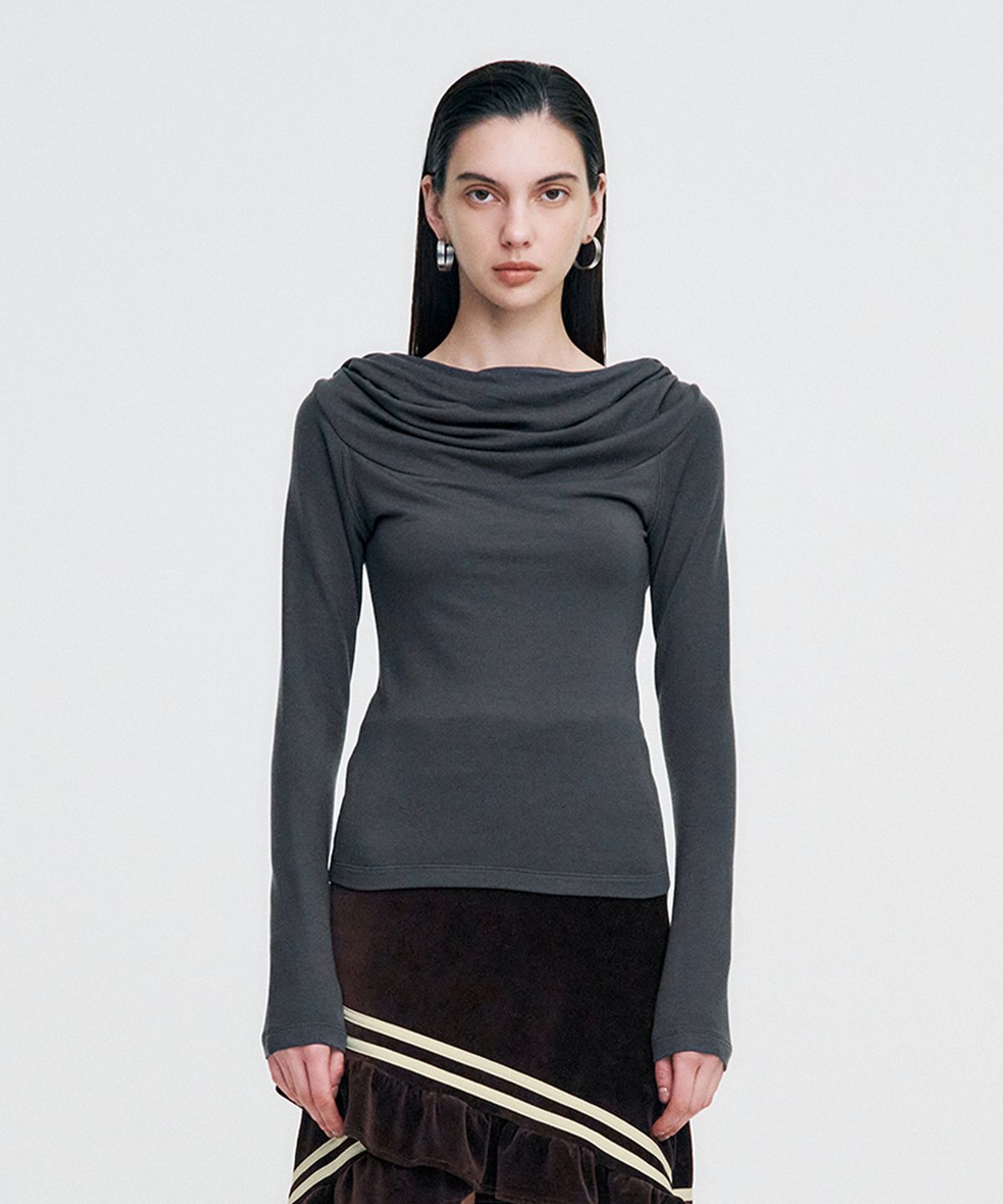 킴지수(KIMZISU) Cowl Neck Soft Slim Hoodie _ CHARCOAL