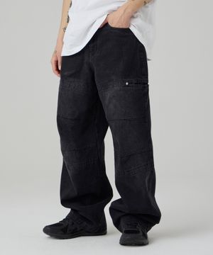 워시드 절개 와이드 코튼 팬츠 블랙