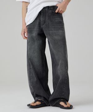 워시드 밴딩 커브드 데님팬츠 흑청