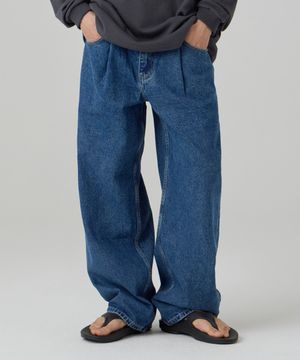 원턱 와이드 데님 팬츠 진청
