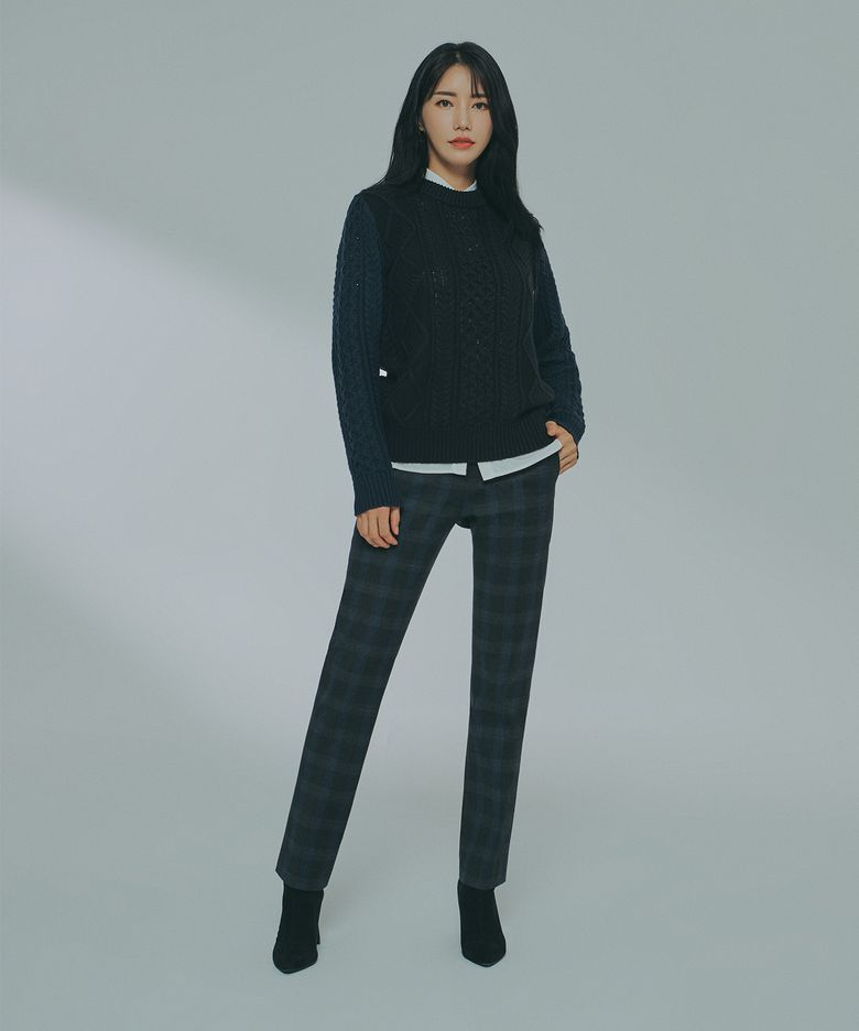 울 블랜디드 본딩팬츠_네이비글렌체크