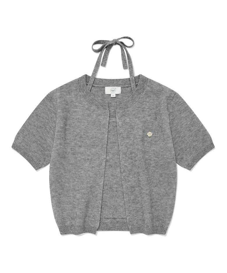 우먼 홀터넥 크롭 하프 니트 Heather Gray