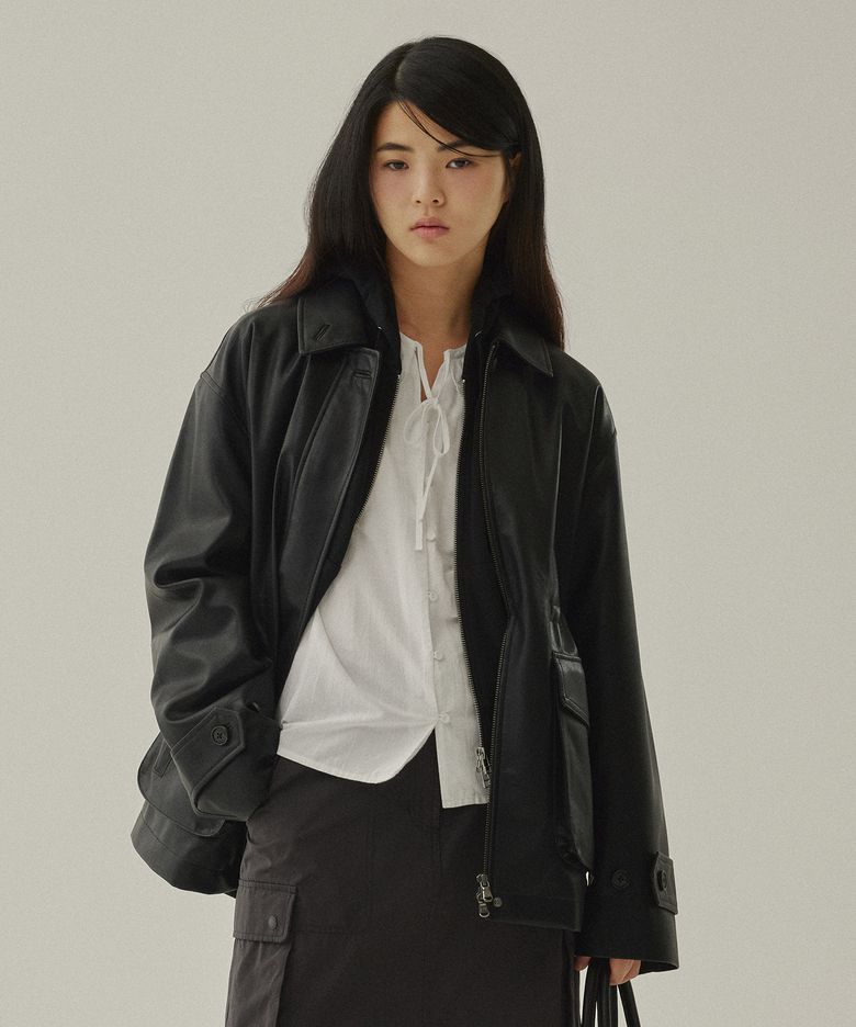 우먼 포켓 신세틱 레더 자켓 Black