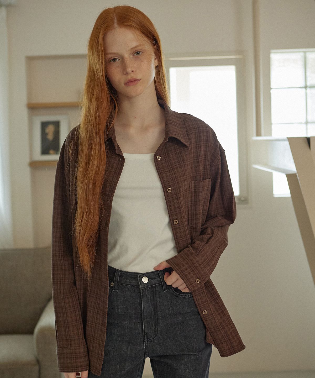 엽페(YUPPE) COTTON CHECK SHIRT_BROWN