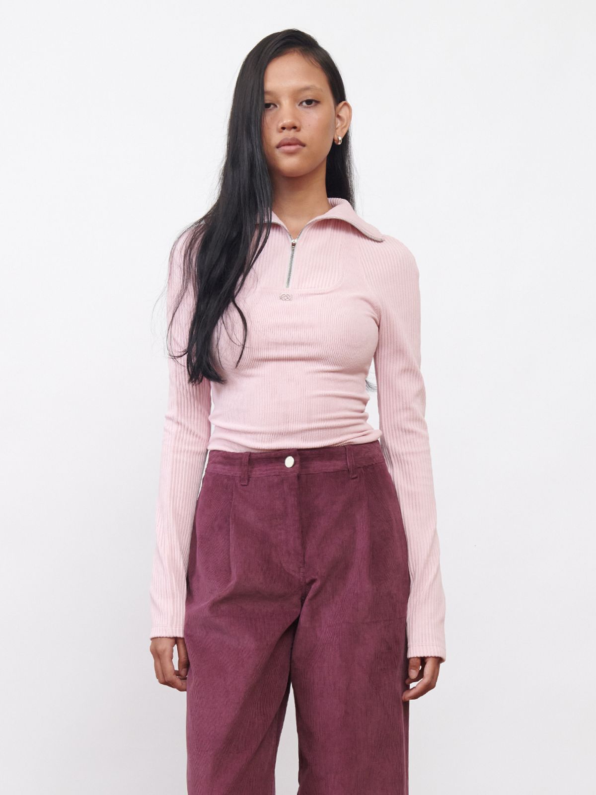 기준(KIJUN) Corduroy Half Zip-Up Top Pink
