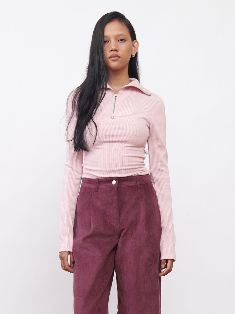 Corduroy Half Zip-Up Top Pink