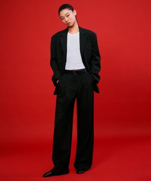 우먼즈 로 웨이스트 딥 턱 와이드 히든 밴딩 슬랙스 [블랙]