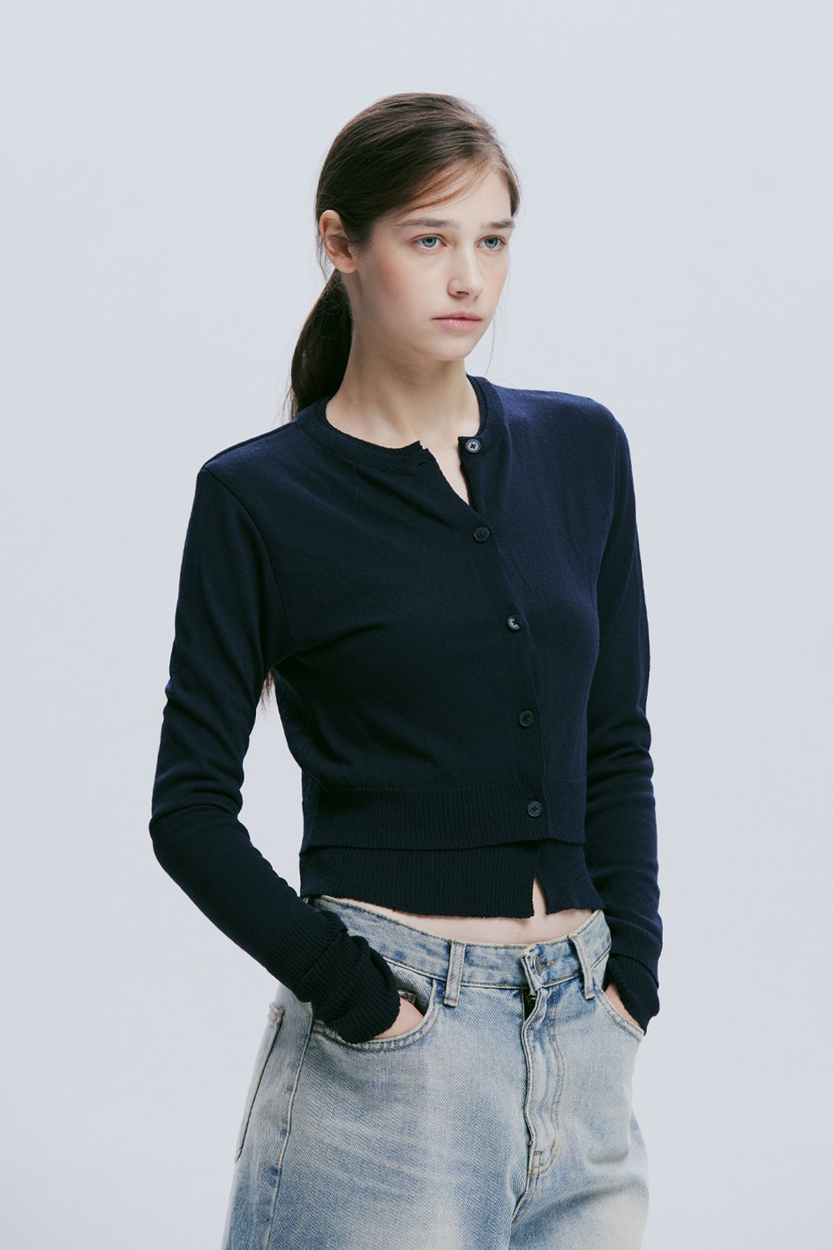애프터아워즈(AFTERHOURS) DOUBLE LAYERED KNIT CARDIGAN (NAVY)