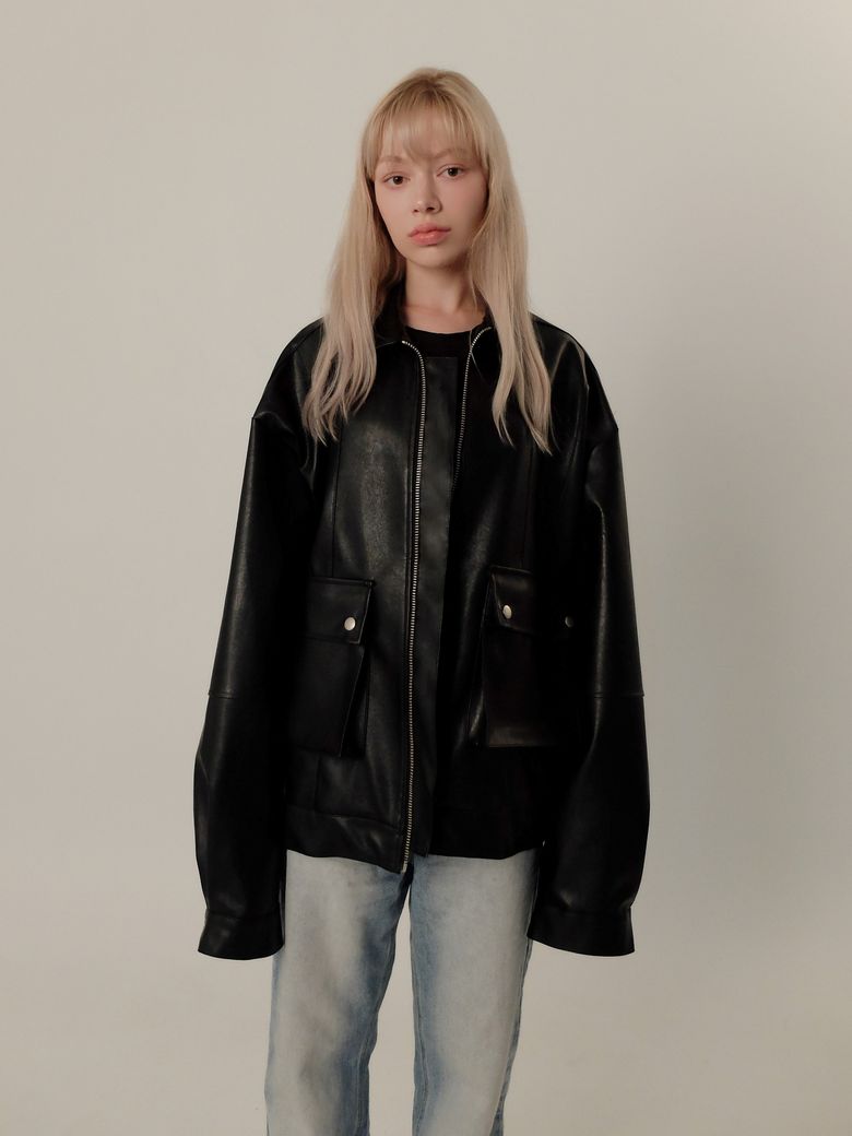 leather detail wide rider jacket black
