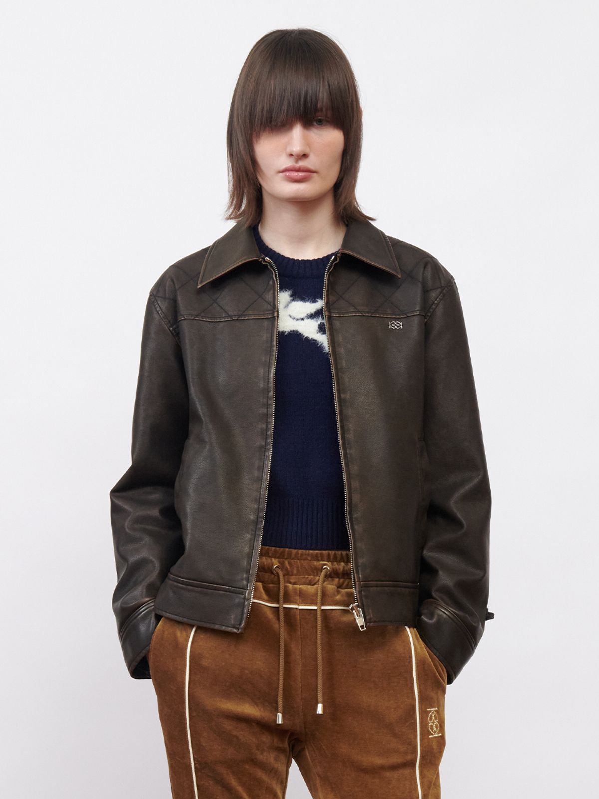 기준(KIJUN) Faux-Leather Stitched Jacket Dark Brown