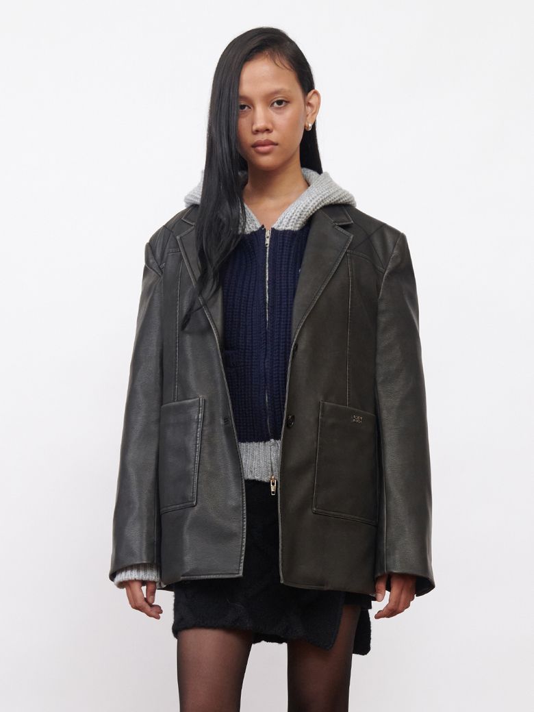 Faux-Leather Stitched Blazer Black