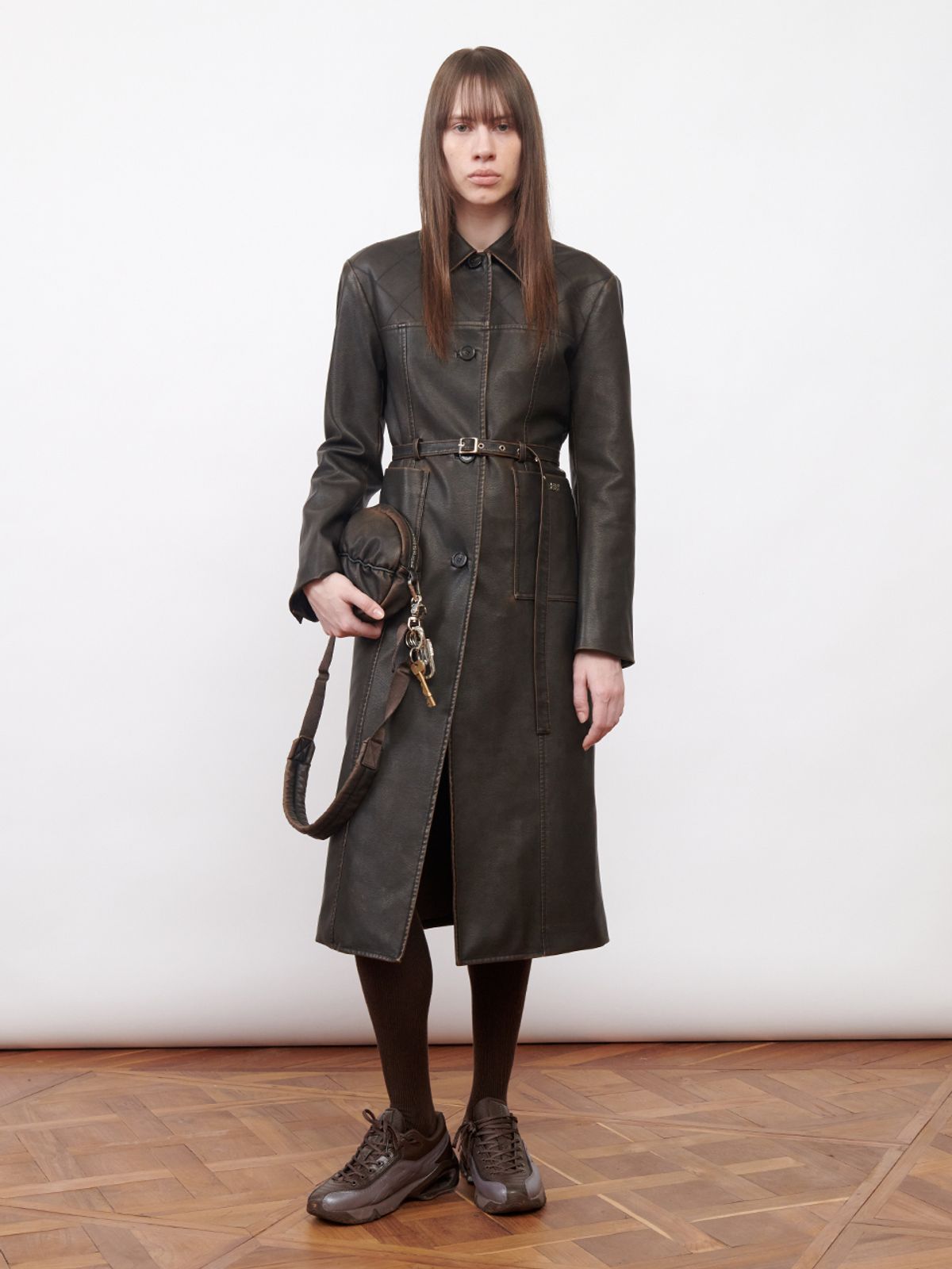 기준(KIJUN) Faux-Leather Stitched Coat Dark Brown