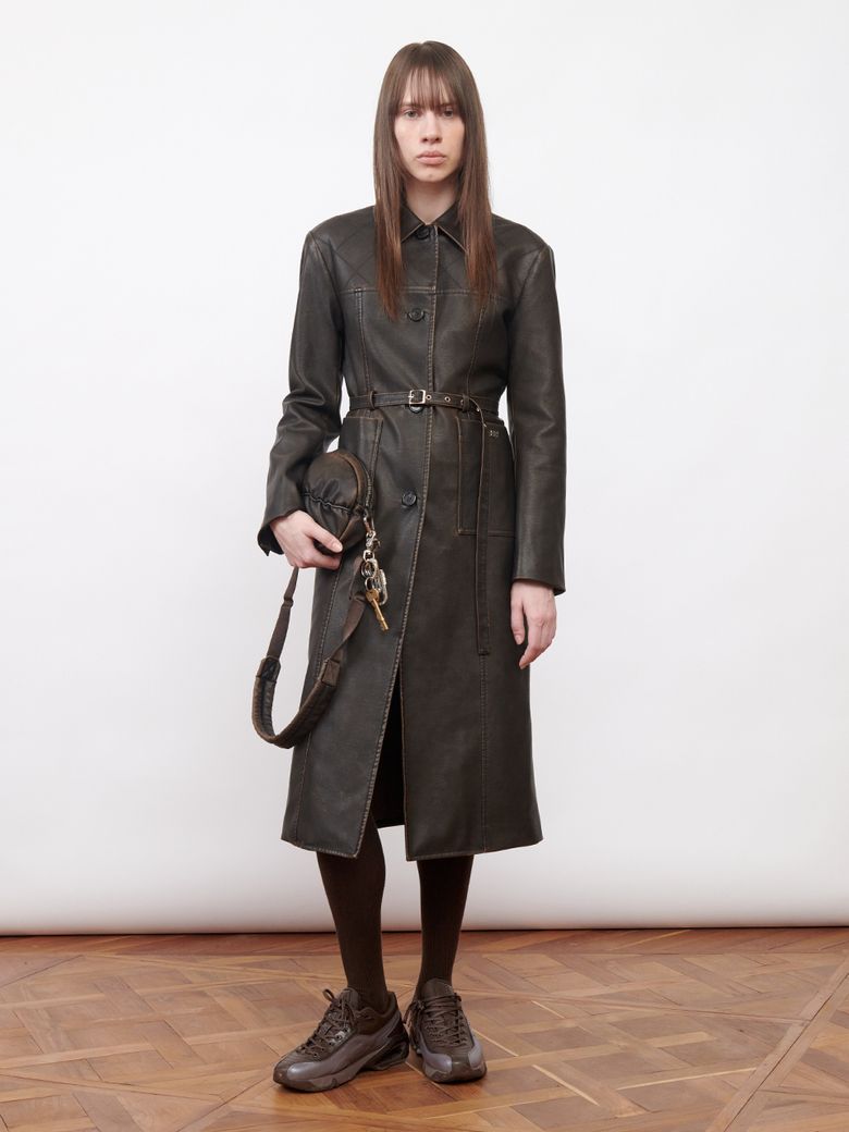 Faux-Leather Stitched Coat Dark Brown