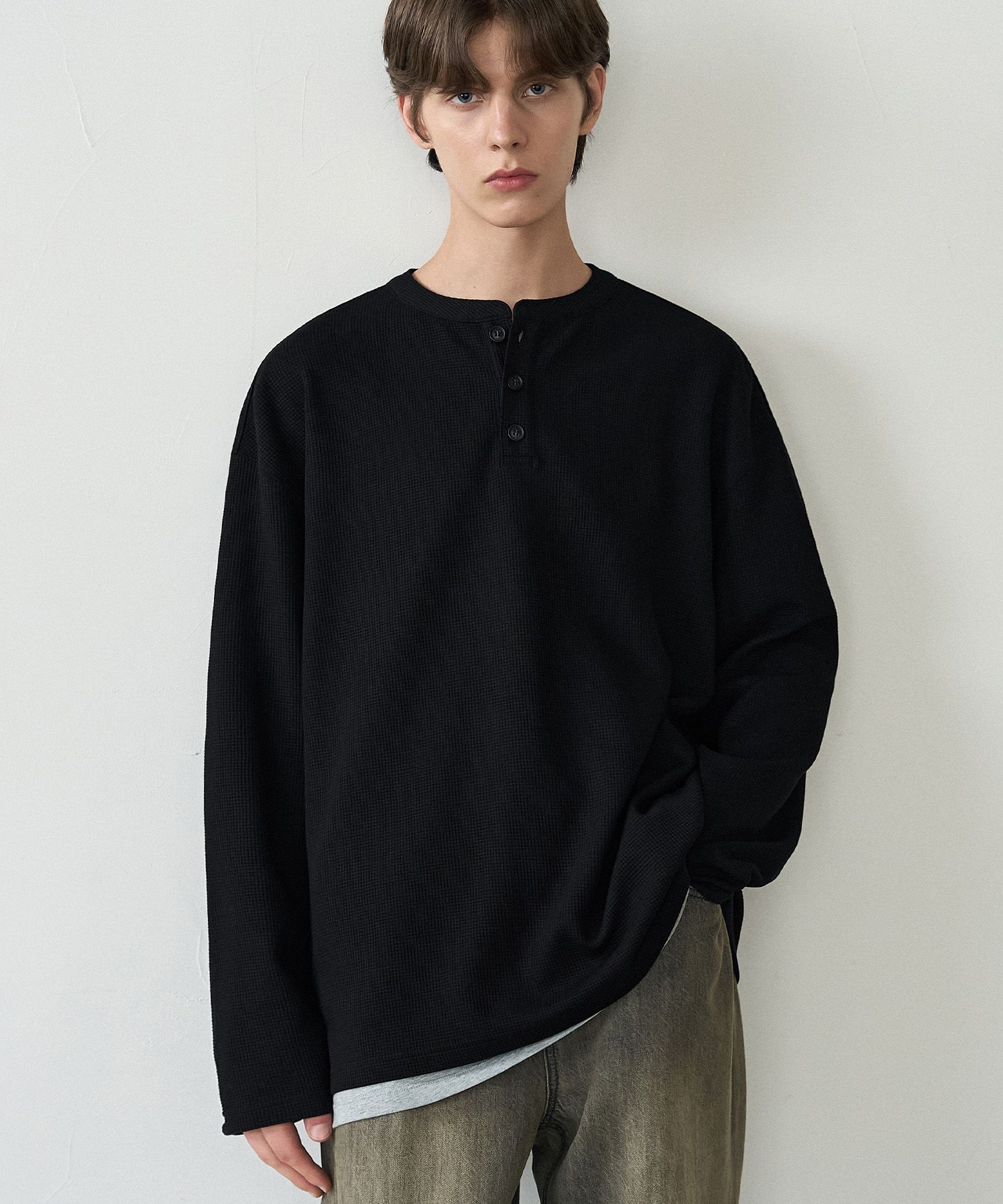 MUSINSA公式 | DRAW FIT Tencel Cotton Waffle Henley Neck T