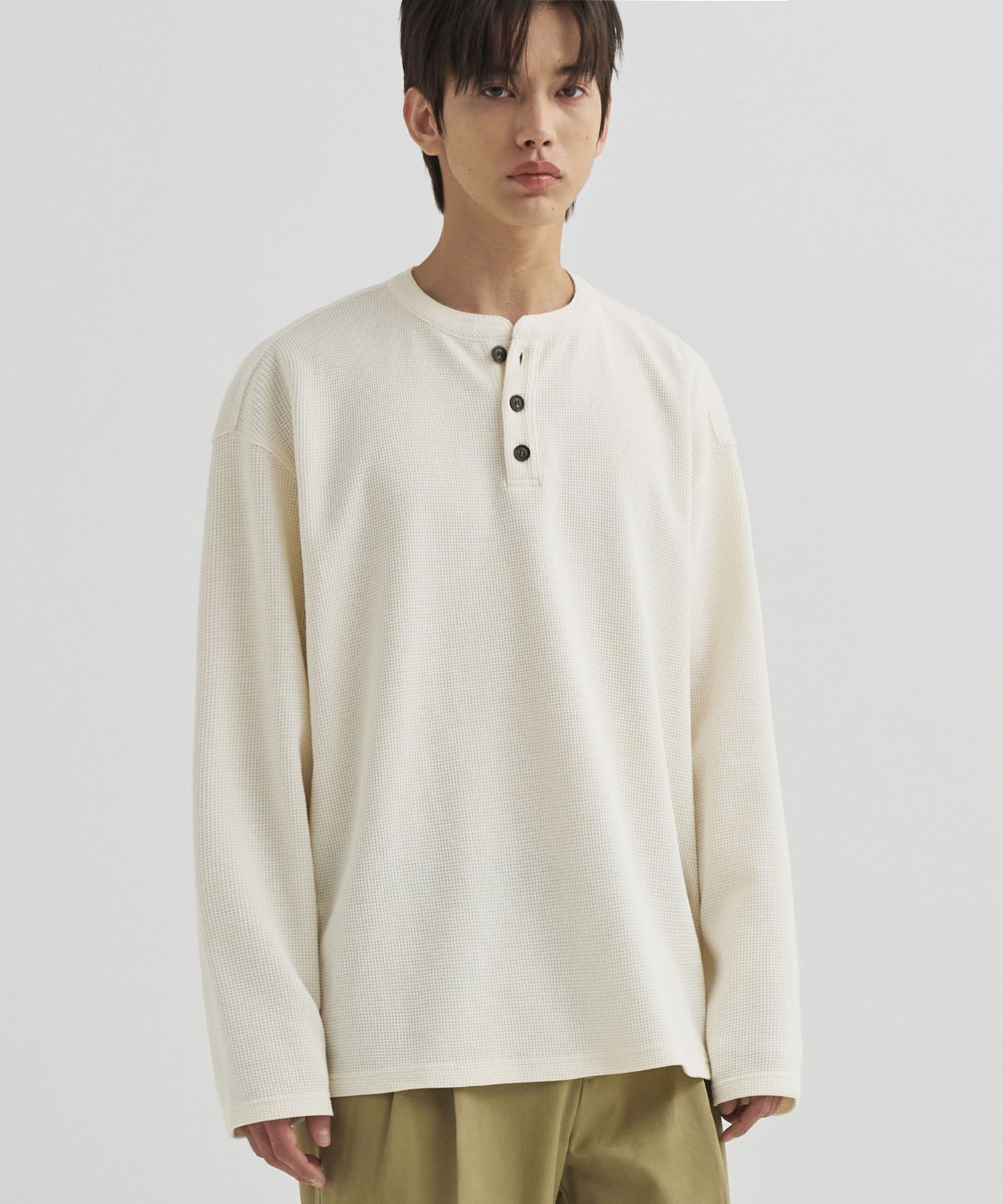 ★DRAW FIT★ Tencel Cotton Waffle Henley Neck T-Shirt [IVORY MUSINSA | DRAW FIT Tencel Cotton Waffle Henley Neck T-Shirt