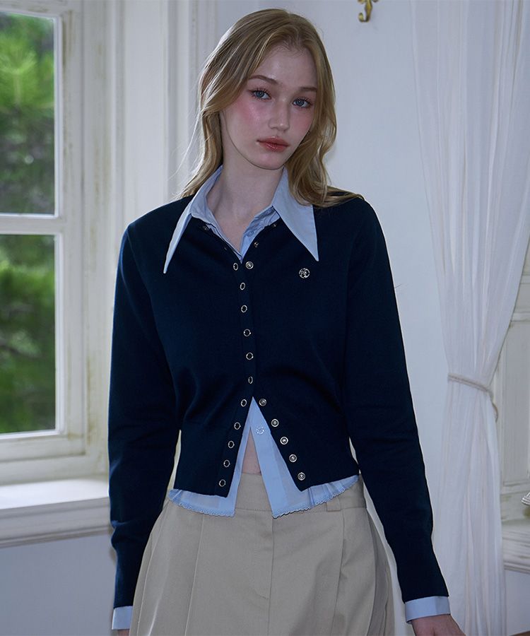 MUSINSA公式 | ROSÉ FRANTZ Eyelet Round Cardigan [Navy]