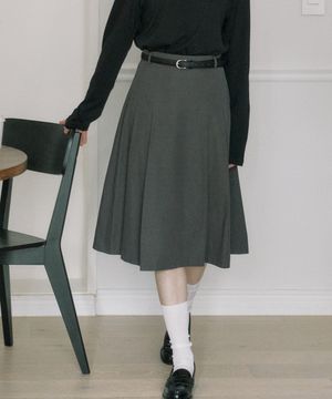 벨트 세트 미디 플리츠 밴딩 스커트 - 그레이