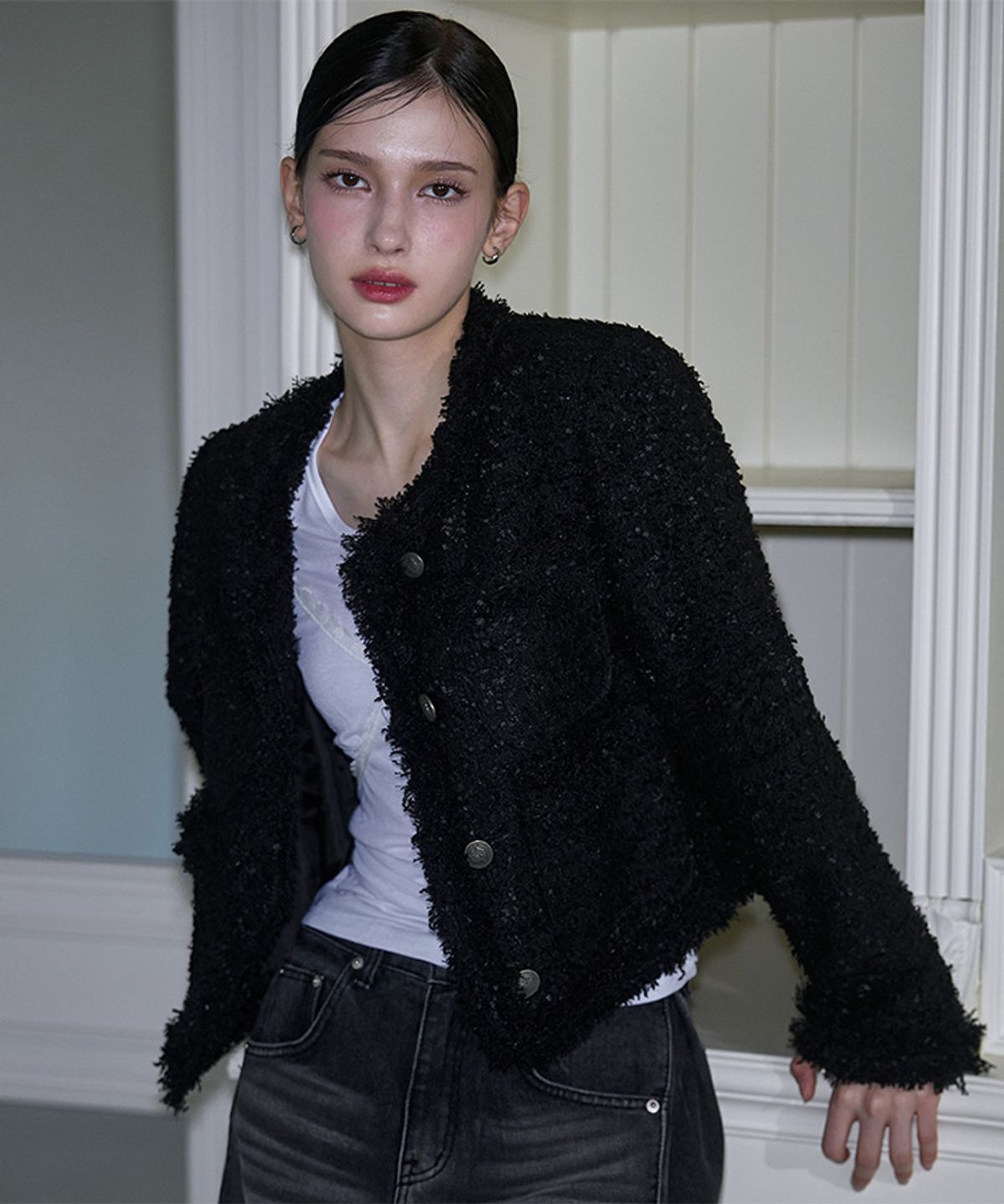 로제프란츠(ROSEFRANTZ) Fringe Tweed Jacket [Black]