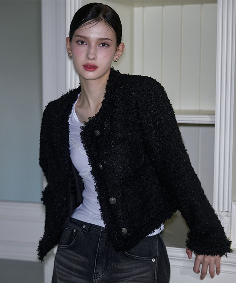 Fringe Tweed Jacket [Black]