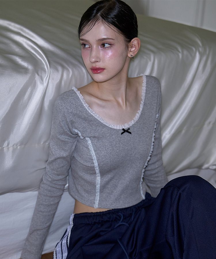 Rose Frantz ♥ Lace Ribbon Long sleeve/追跡付 MUSINSA公式 | ROSÉ FRANTZ Lace Ribbon Long sleeve [Gray]