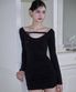 Eyelet Hood Shirring Mini Dress [Black]
