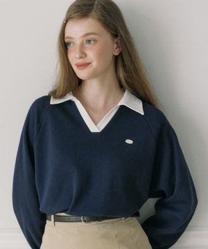 피케 오픈 카라 스웻셔츠 - 네이비