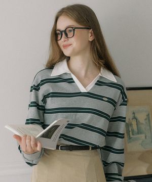 스트라이프 로고 카라 스웻셔츠 - 멜란지 그레이