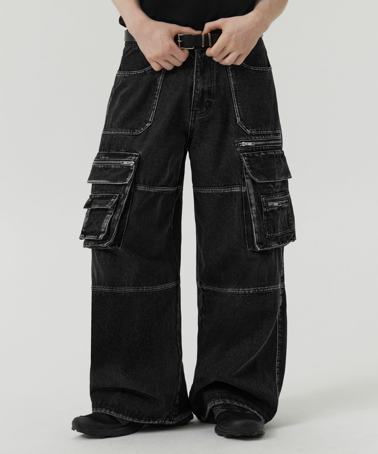 MUSINSA | TRILLION Washed Stitch Cargo Denim Pants Normal Black