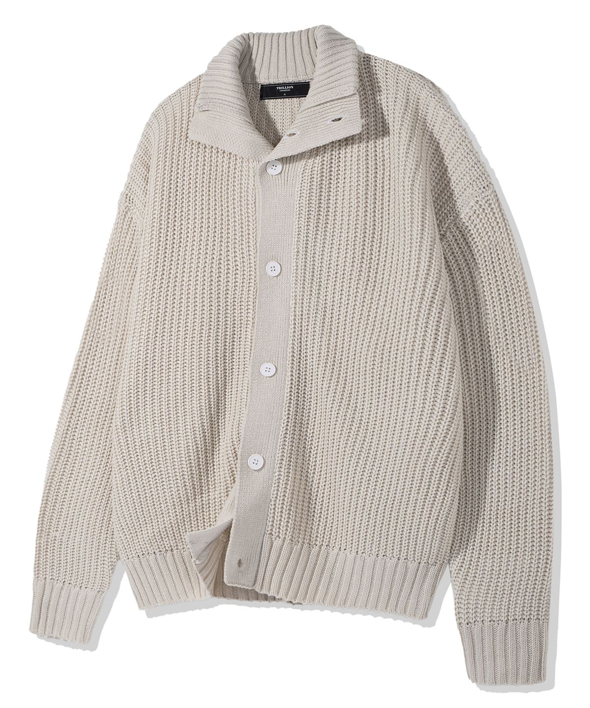 트릴리온(TRILLION) 워셔블 하이넥 버튼 업 카라 가디건 니트 (IVORY)