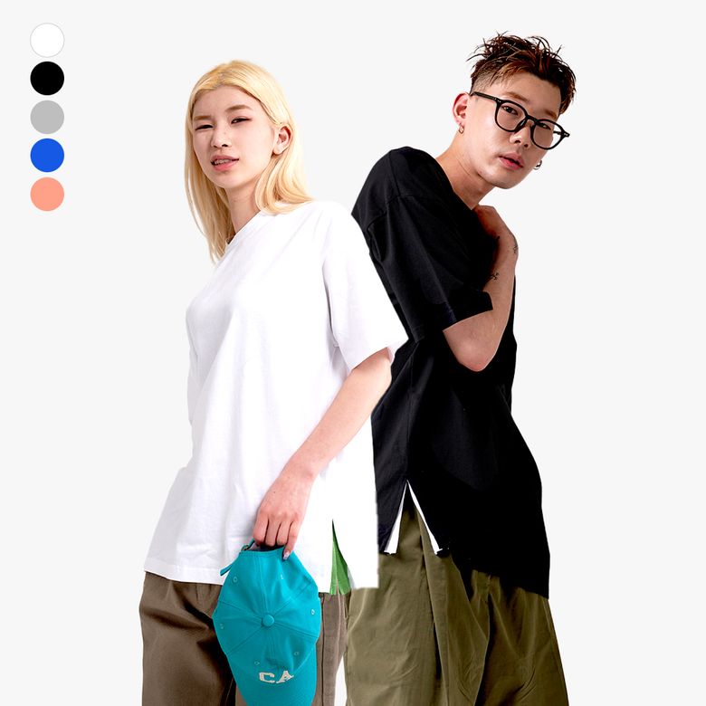무지 옆트임레이어드 오버핏 반팔 티셔츠