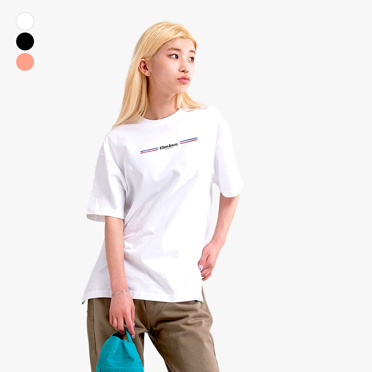 엘런아시(ELLENASSY) 컬렉션 옆트임레이어드 오버핏 반팔 티셔츠