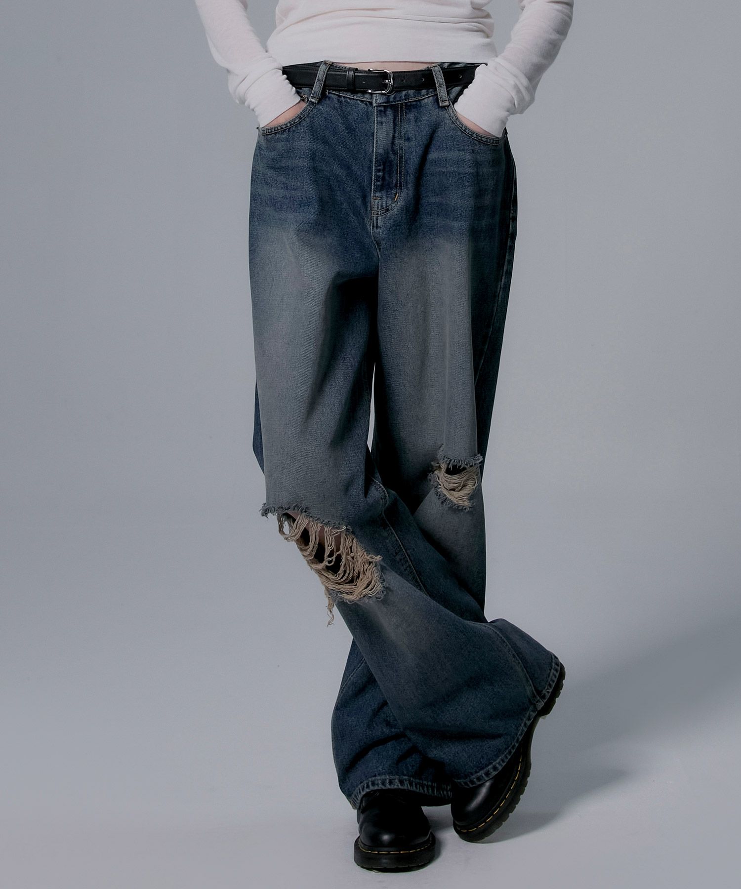 MUSINSA MILLIONCOR [9663] Damage Washed Wide Denim (Medium Blue)