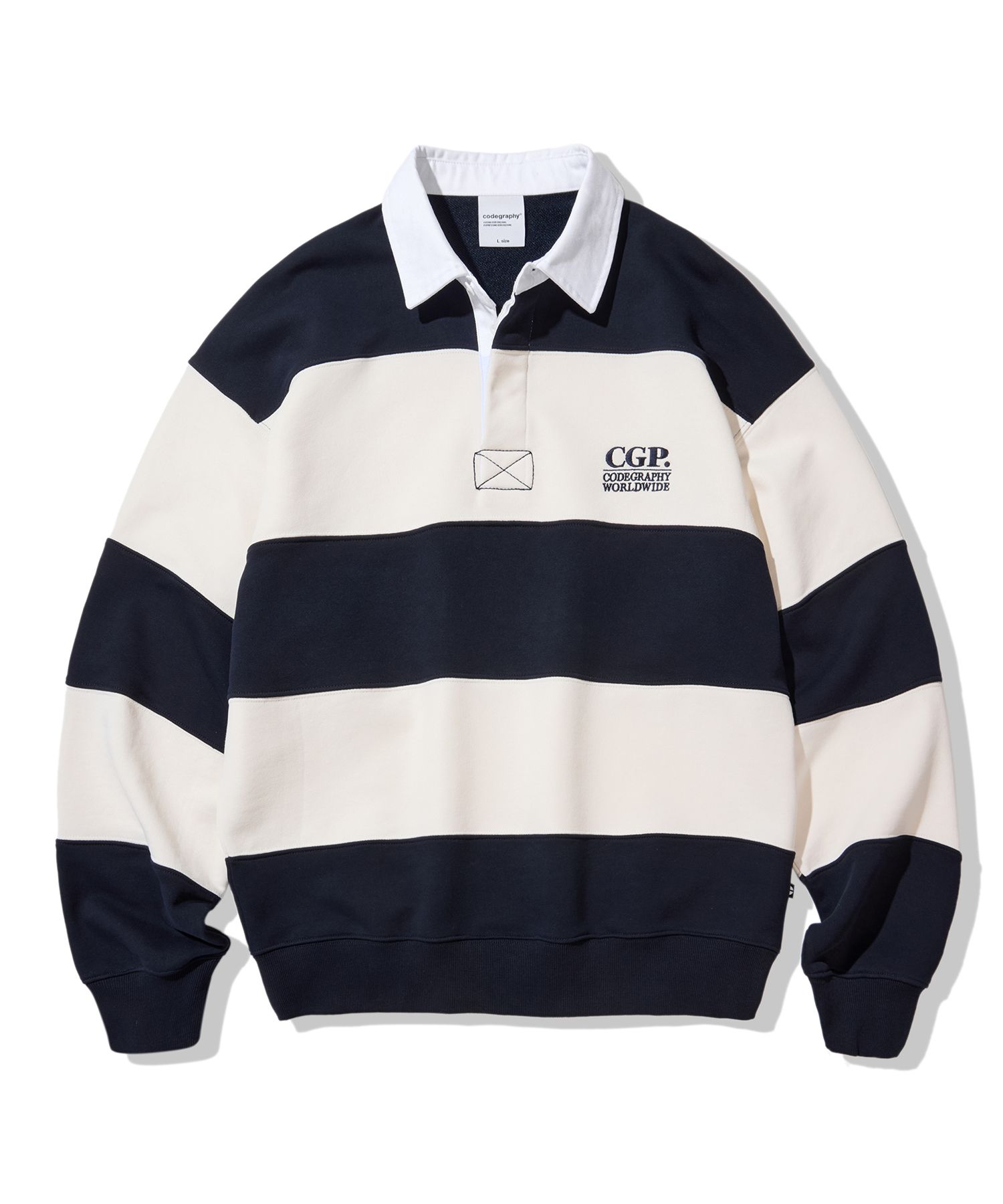 [CODEGRAPHY]★CGP Small Square Logo Stripe Rugby Sweatshirt MUSINSA | Codegraphy CGP Small Square Logo Stripe Rugby Man