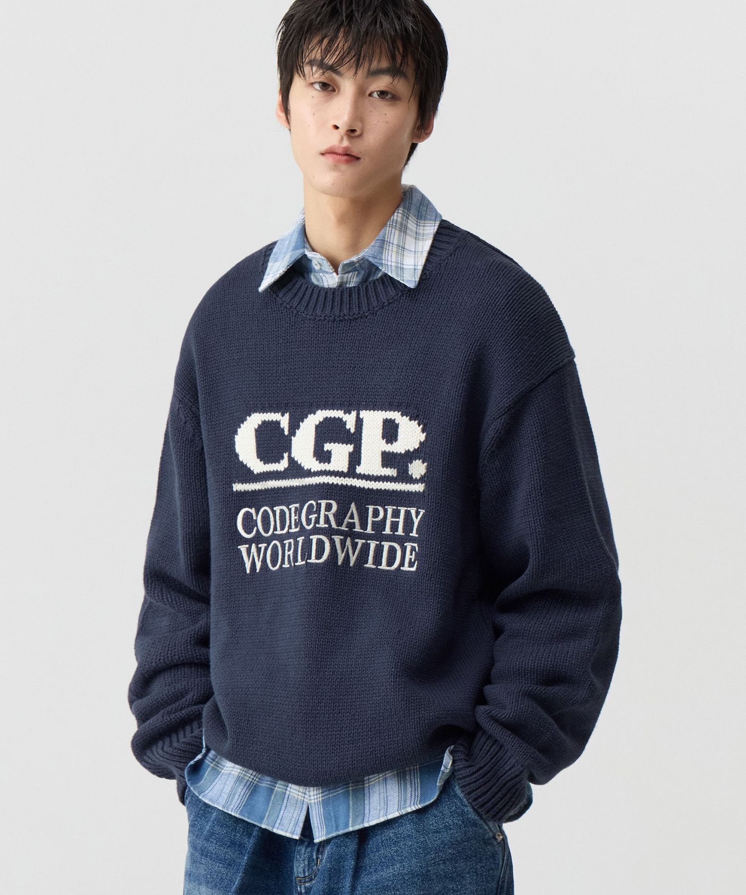 MUSINSA公式 | Codegraphy CGP Square Logo Pullover Knit_Navy