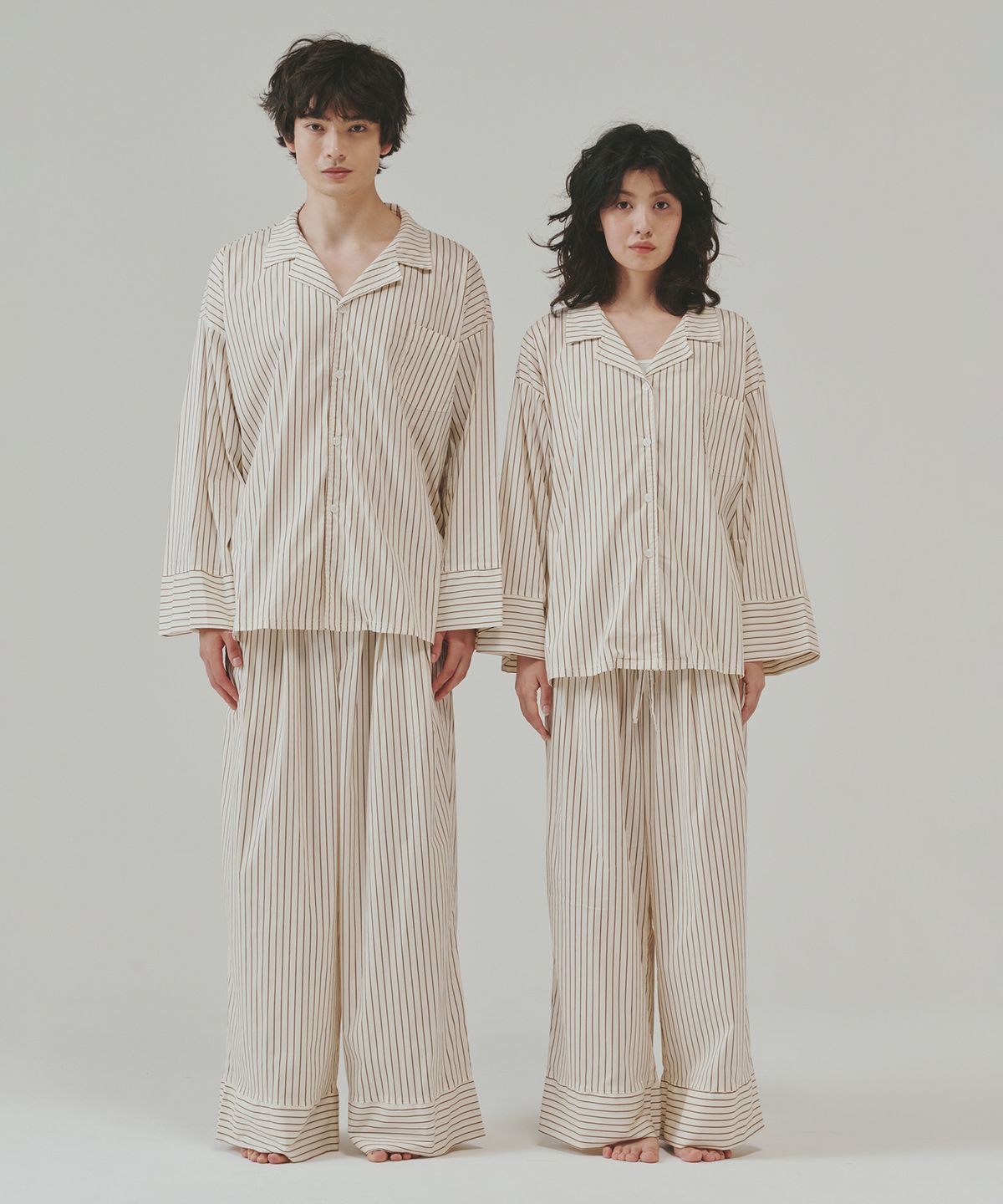 오끼뜨(OGGITT) (uni)도미토리 빈 스트라이프 파자마 브라운아이보리